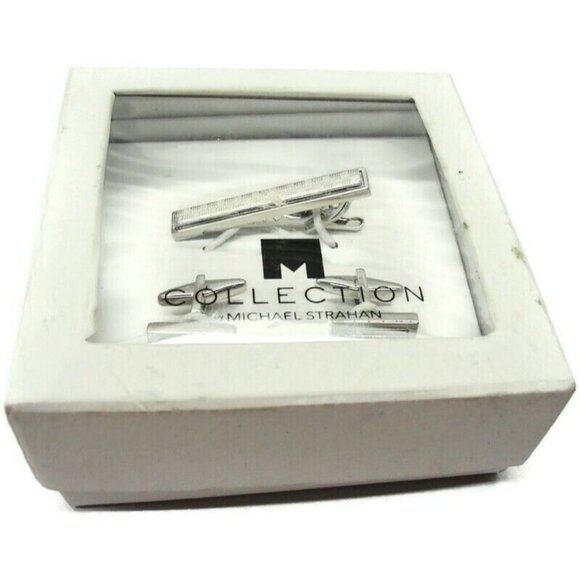 Michael Strahan Collection Cufflinks Tie Bar Set Silver Tone Classy Design IOB - Picture 1 of 9